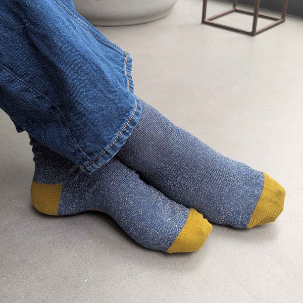 Women's Navy & Lime Glitter Organic Cotton Ankle Socks