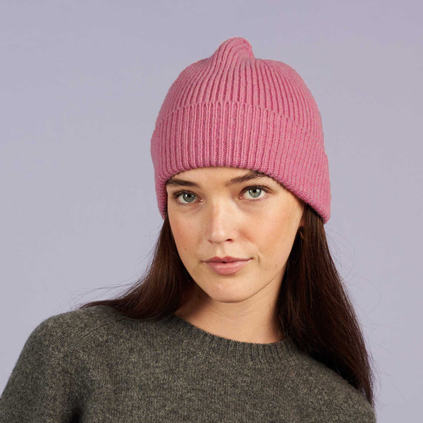 Bright Pink Ribbed Lambswool Unisex Beanie