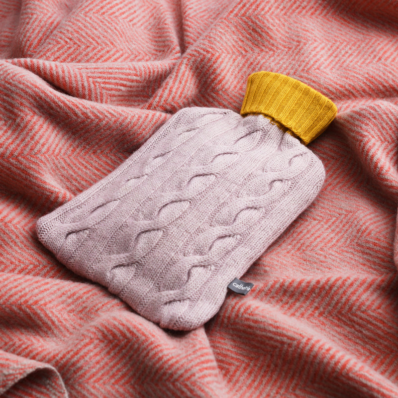 Cashmere Blend Cable Knit Hot Water Bottle Cover - Light Pink & Yellow