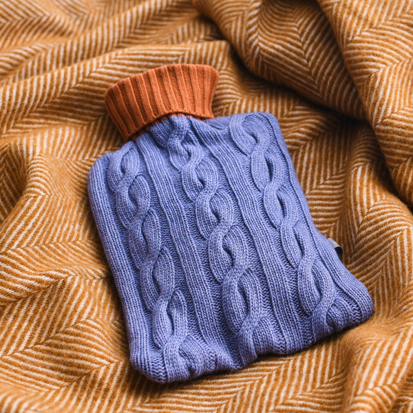 Cashmere Mix Cable Knit Hot Water Bottle Cover - Lilac & Saffron