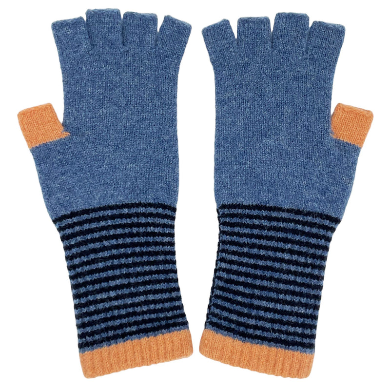 Women's Moss Denim Blue & Peach Lambswool Fingerless Gloves