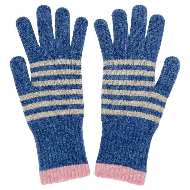 Women's Denim Blue & Soft Brown Stripe Lambswool Gloves