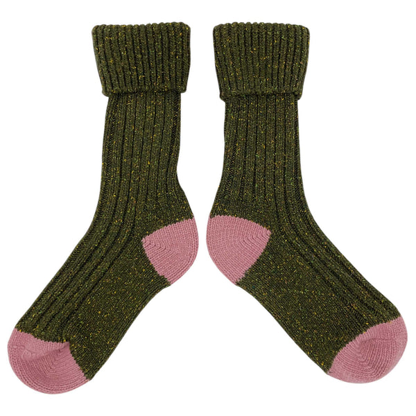 Ladies Dark Green & Dusky Pink Recycled Silk Blend Chunky Socks