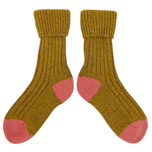 Ladies Mustard & Coral Recycled Silk Blend Chunky Socks