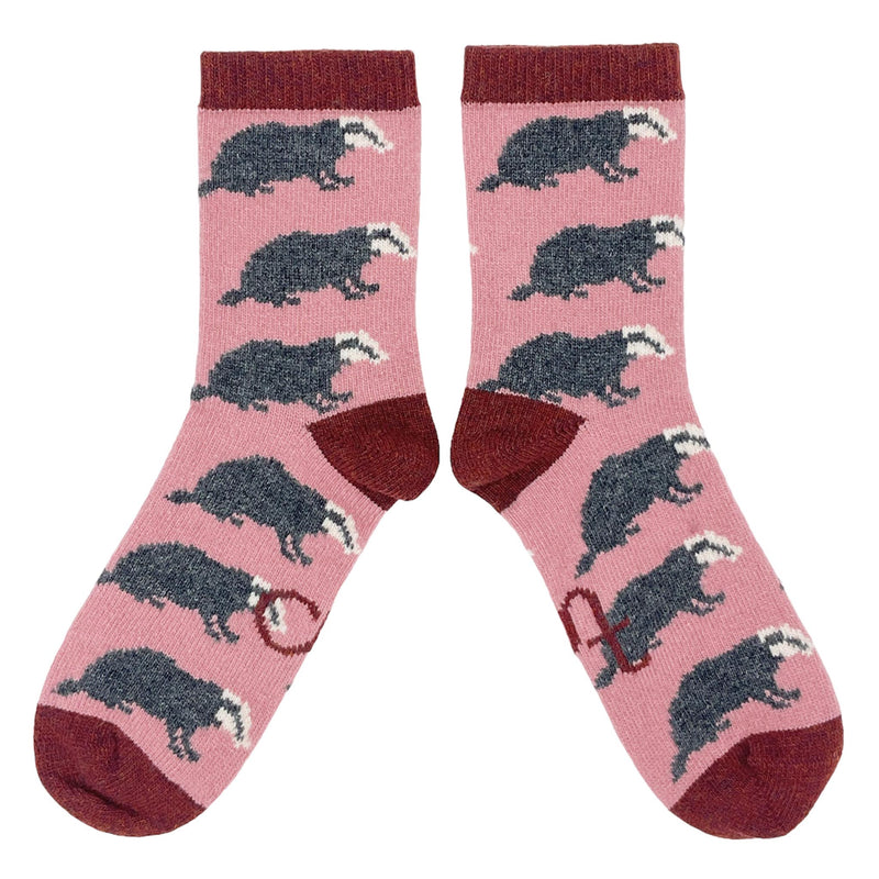 Ladies Dusky Pink Badgers Lambswool Ankle Socks