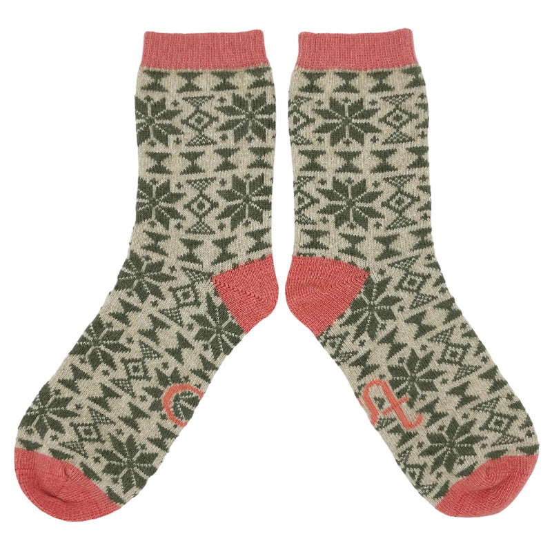 ANKLE SOCKS - lambswool - women's  - fair isle - green & coral