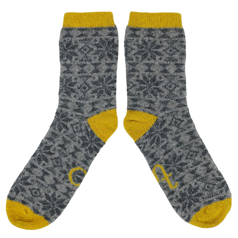 ANKLE SOCKS - lambswool - women's  - fair isle - grey & yellow