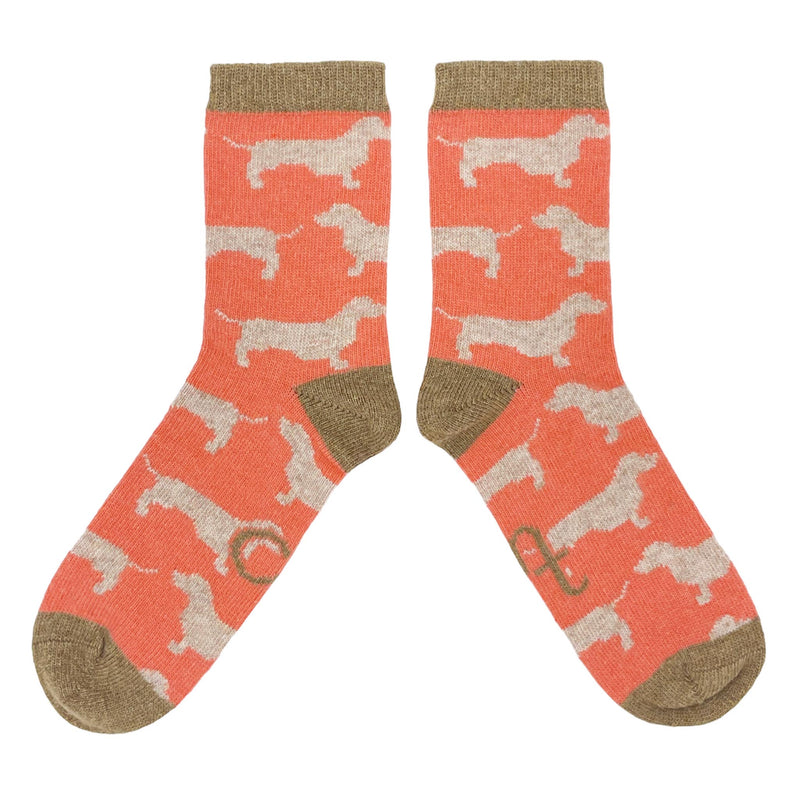 ANKLE SOCKS - lambswool - women's  - sausage dog - coral