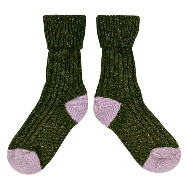 Women's Dark Green & Lilac Recycled Silk Blend Chunky Socks