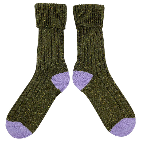 Ladies Dark Green & Lilac Recycled Silk Blend Chunky Socks