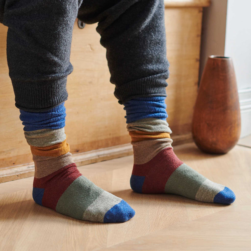 Men's Navy Block Lambswool Knee Socks