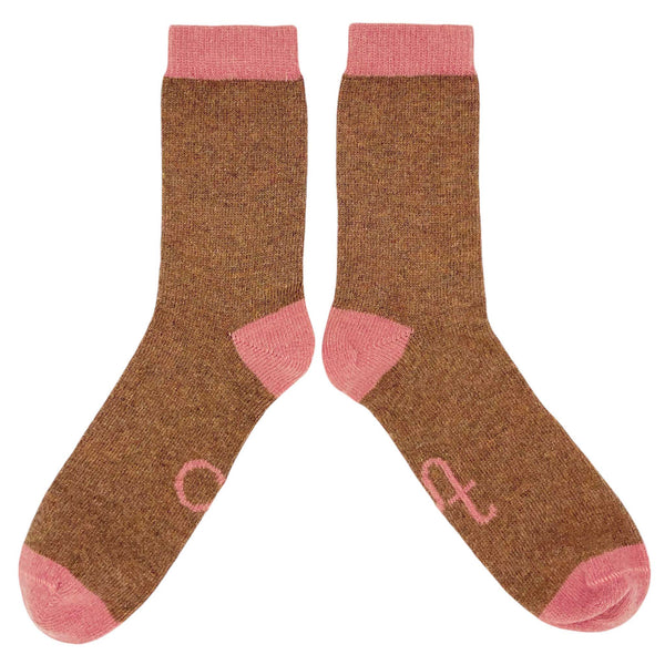 Ladies Soft Brown & Pink Lambswool Ankle Socks 