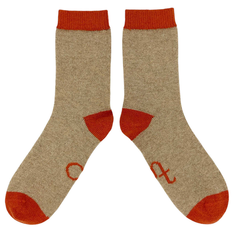 Ladies Oatmeal & Orange Lambswool Ankle Socks