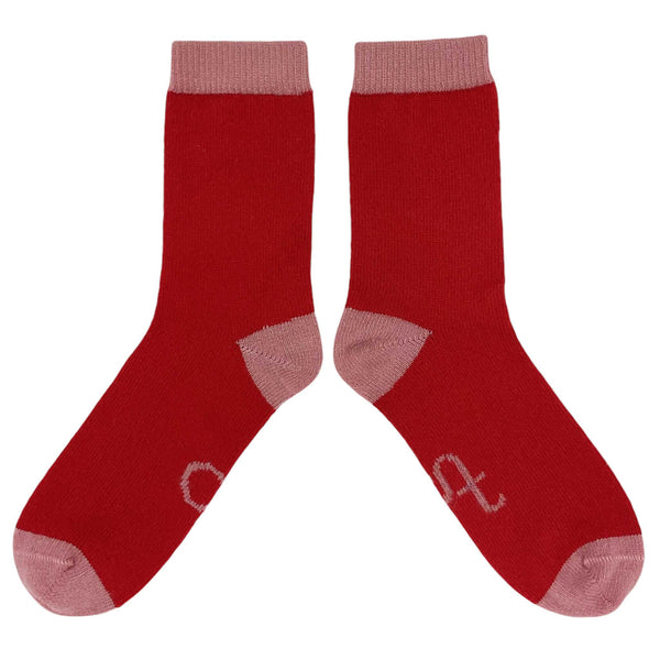 Ladies Red & Pink Lambswool Ankle Socks