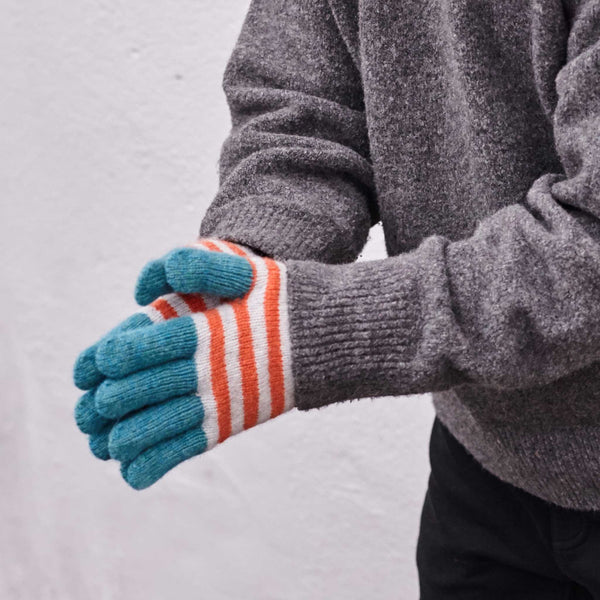 Kids Petrol Blue & Orange Stripe Lambswool Gloves